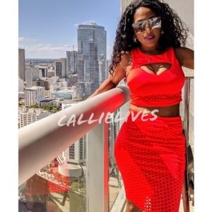 New! Laser Cut Out Neon Orange Coral Scuba Sleeveless Crop Pencil Skirt Set M